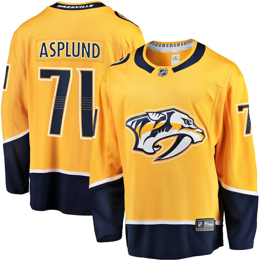 Men Nashville Predators 71 Rasmus Asplund Fanatics Branded Gold Home Breakaway NHL Jersey